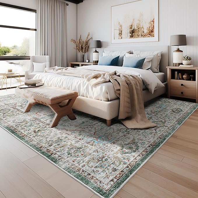 5x7 Area Rugs for Living Room,Stain Resistant Washable Rug,Non-Slip Backing Rugs for Bedroom,Kitchen,Printed Vintage Home Decor Rug (Green, 5'x7')