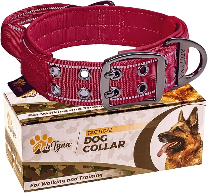 ADITYNA Heavy Duty Dog Collar for Medium Dogs - Reflective Burgundy Collar with Handle for Training, and Walking - Wide, Thick, Tactical, Soft Neoprene Padded
