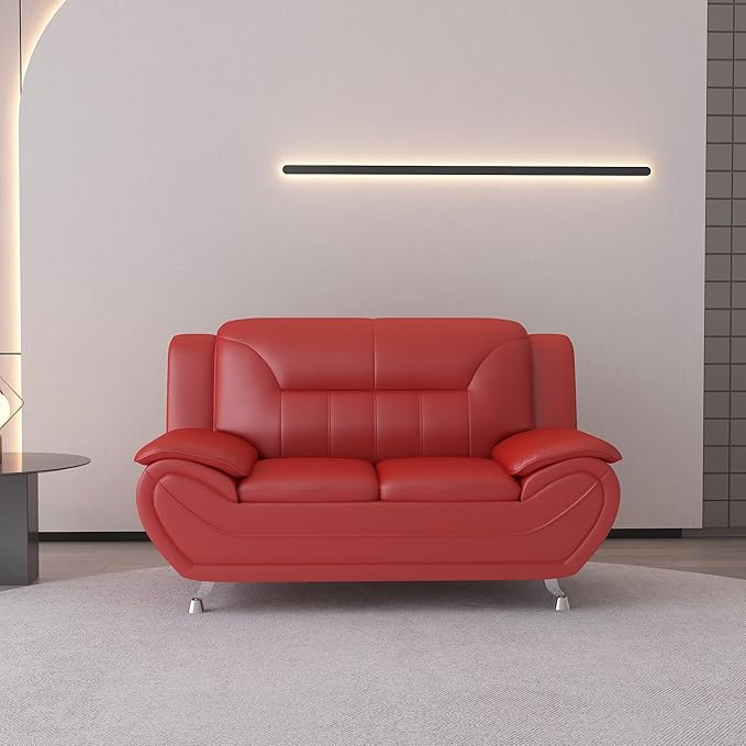 Container Furniture Direct Michael Modern Faux Leather Upholstered Stainless Steel Legs Living Room Loveseat, Red