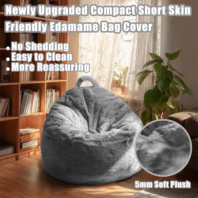 Upgrade 4FT Fluffy Bean Bag Chair Cover – Soft Velvet Storage Sofa, DIY Floor Chair or Bed for Kids & Adults, Machine Washable, Durable Zipper, Fillable with Clothes or Foam, No Fillers, Light Gray