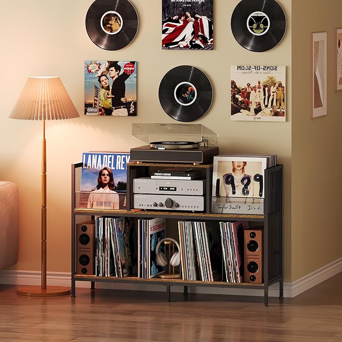 Large Vintage Record Player Table with 4 Adjustable Dividers, Vinyl Record Storage Cabinet for Up to 350 Albums, Medieval Turntable Stand for Living Room, Bedroom (Patent Pending)