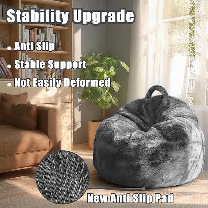4FT Fluffy Velvet Bean Bag Chair Cover – Soft, Washable & Durable Storage Sofa for Kids, Adults and Pets, Perfect for Storing Clothes, Toys or Blankets Christmas Gift, No Fillers, Dark Gray