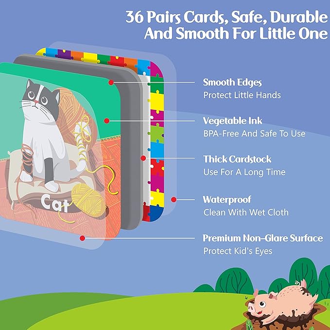 Hebayy 36 Pair Animal Matching Memory Game Flash Cards for Toddlers, Preschool, Kindergarten and Home. Erasable, Fun & Fast, Travel Friendly, Skill Building. Size 2” x 2”(5 x 5 cm)