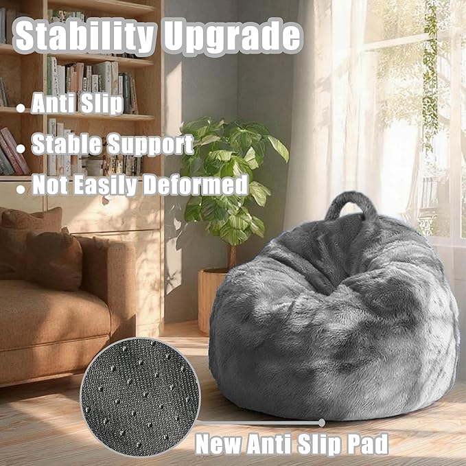 Upgrade 4FT Fluffy Bean Bag Chair Cover – Soft Velvet Storage Sofa, DIY Floor Chair or Bed for Kids & Adults, Machine Washable, Durable Zipper, Fillable with Clothes or Foam, No Fillers, Light Gray