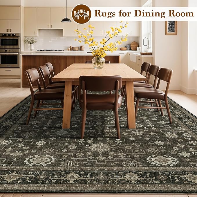 LBRO2M Vintage Washable Rugs 8X10 for Living Room Bedroom Office Farmhouse Non Slip Distressed Area Rugs Easy Clean, Soft, Stain Resistant Carpet Low Piles Great for Pets and Kids (8'X10' Dark Brown)