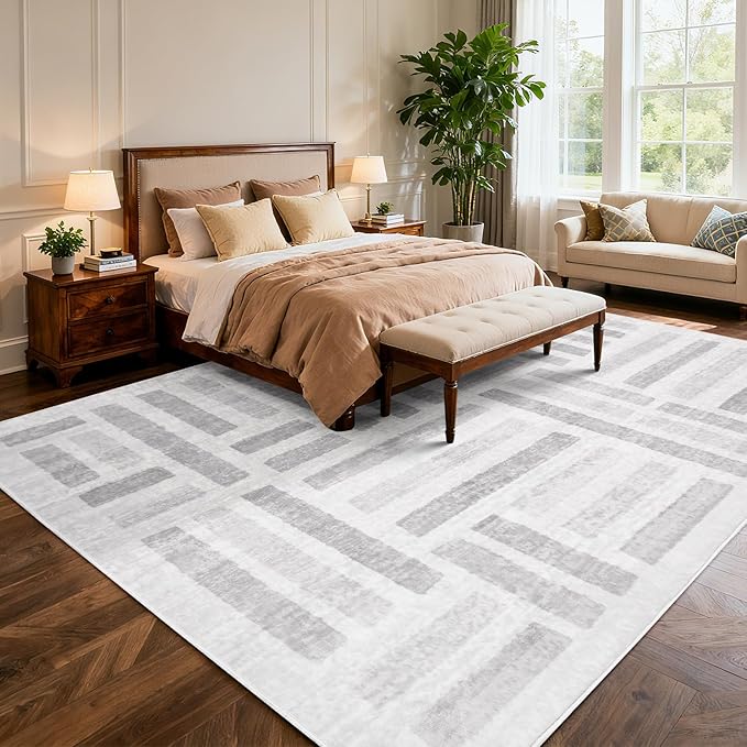 Washable Area Rugs, 5x7ft Soft Rug for Living Room and Bedroom Vintage Striped Rug Stain Resistant with Non Slip Backing Geometric Checkered Foldable Print Mat for Home Decor