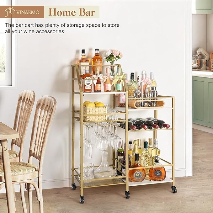 VINAEMO Gold Bar Cart With Wine Glass Holder, Stand for Home, Small Mini Bar for Whiskey Wine, Liquor Cart, Alcohol Cabinet for Kitchen, Dining Room