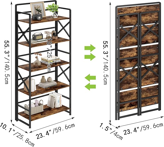No Assembly Folding Bookshelf, 5 Tiers Vintage Wood Collapsible Book Shelf for Storage,Industrial Metal Foldable Bookcase Organizer for Living Room Bedroom Home Office (Rustic Brown)