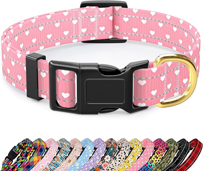 Reflective Dog Collar for Small Dogs, Cute Adjustable Heavy-Duty Nylon Puppy Collars for Boy and Girl Female, Soft Pet Accessories with Quick Release Buckle, Neck 10-16", Pink Hearts