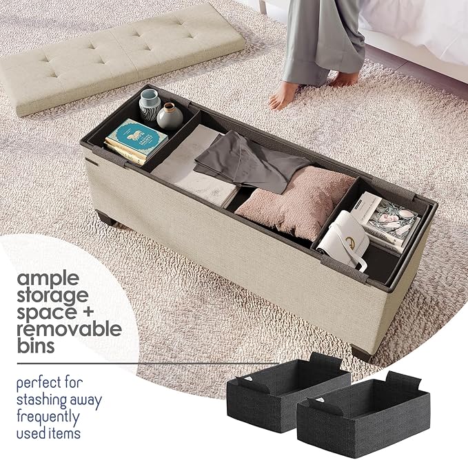 STORAGEBUD Storage Ottoman Bench with Bins, 43-in Storage Bench for Bedroom End of Bed, Folding Foot Rest Ottoman for Living Room Max 660lbs, Fabric Ottomans, Beige
