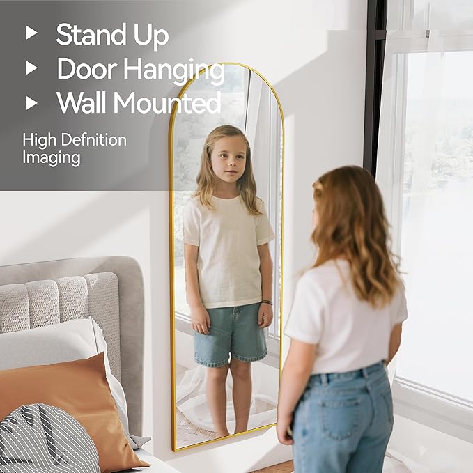 57x20 Door Hanging Full Length Mirror, Floor (Height 5.7ft just Body in1.3ft) or Wall Mounted Metal Frame Arch Dressing Mirrors for Bedroom Bathroom Living Room 57 20 inch Gold