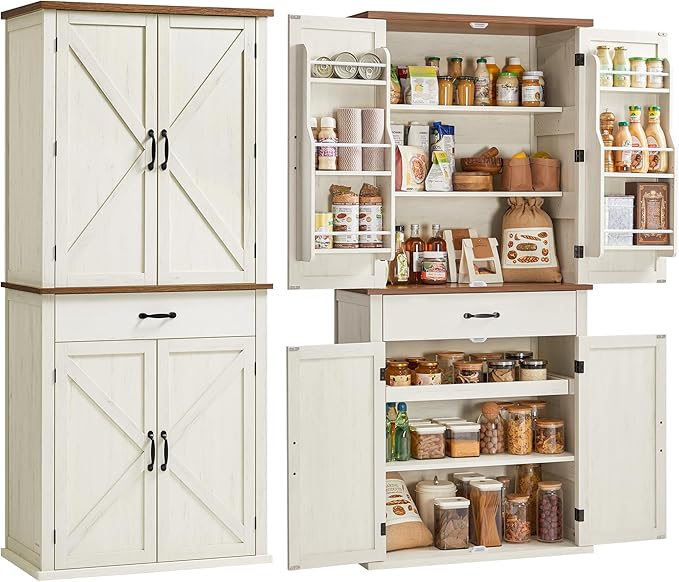 VASAGLE LIRY Collection - Pantry Cabinet, 70.3-Inch Tall Farmhouse Kitchen Storage Cabinet with Barn Doors, Drawer, Tray, Adjustable Shelves, for Kitchen, Dining Room, Rustic White UBBK364W01
