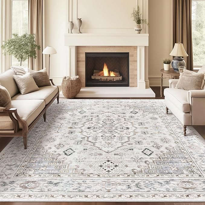 6x9 Area Rugs for Living Rooms, Stain Resistant Neutral Washable Rugs for Dining Rooms, Floral Vintage Non-Slip Thin Large Size Area Rug(Light Grey)