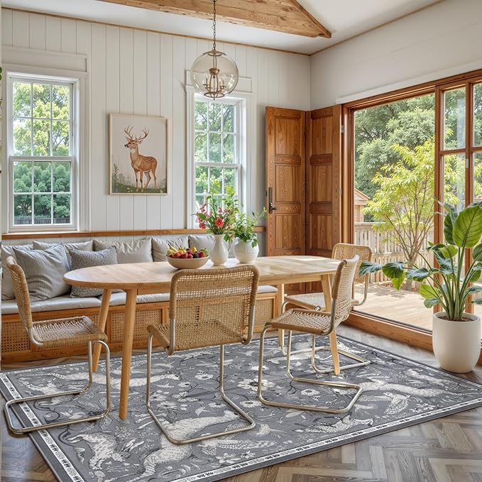 Lahome Boho Animal Rug, 5x7 Washable Living Room Area Rugs, Grey Soft Rugs for Bedroom, Botanical Large Boho Non Slip Dining Room Carpet for Under Table Entryway Kitchen Office (5x7ft, Grey)