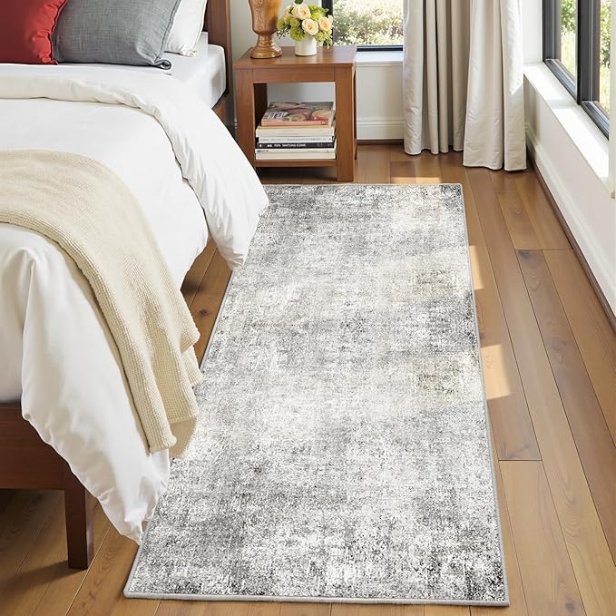 Washable Area Rugs 2'x10' Non-Slip Modern Abstract Soft for Living Room Entryway Bedroom Nursery, Print Pattern, Gray White Grey