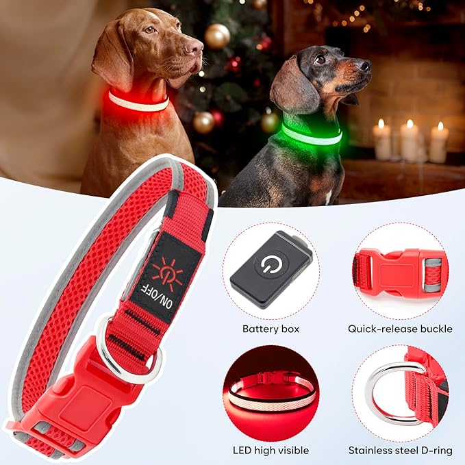 LED Dog Collar, Light Up Dog Collar USB Rechargeable, Brightest Dog Lights for Night Walking, Adjustable Dog Collar Light for Dog Safety(Large, Ruby Red)