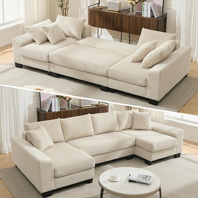 Symmetrical U Shaped Sectional Sofa Convertible Pull Out Sleeper Sofabed with Double Chaise Daybed , Corduroy Upholstered U Shaped Lounge Sofa Couch Bed w/ Throw Pillows for Living Room Apartment