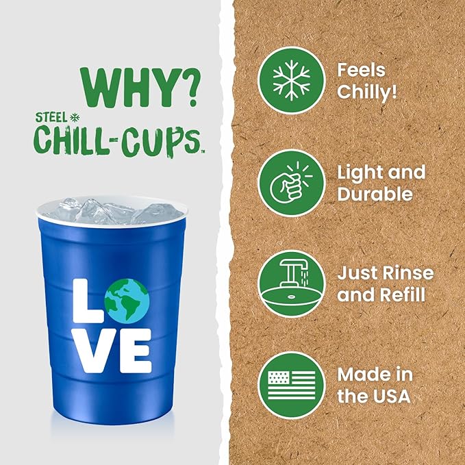 16 oz. Party Cup Earth Day 'Love' Planet Recycle Design for Cold Drinks, Durable, Disposable, Recyclable, Made in USA, Blue 12 Count