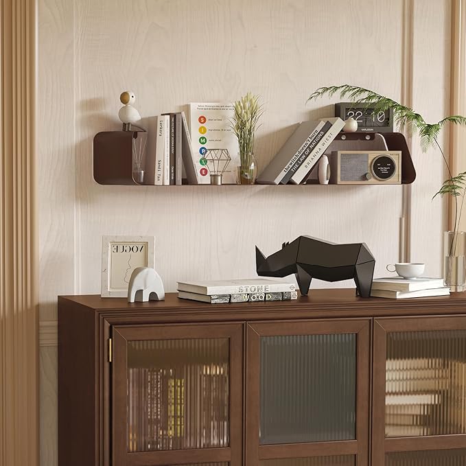 Floating Wall Shelves Set of 3, Metal Mounted Shelf with Unique Design, Bookshelf for Storage & Display in Bathroom, Bedroom, Kitchen, Living Room, Brown Home Decor