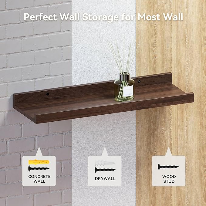 23.6 Inch Long Floating Shelves - 2 Set Farmhouse Wall Shelf for Bedroom, Nursery Book Shelf with Lip, Picture Ledge Shelf for Wall Decor Living Room Bathroom Kitchen - Walnut