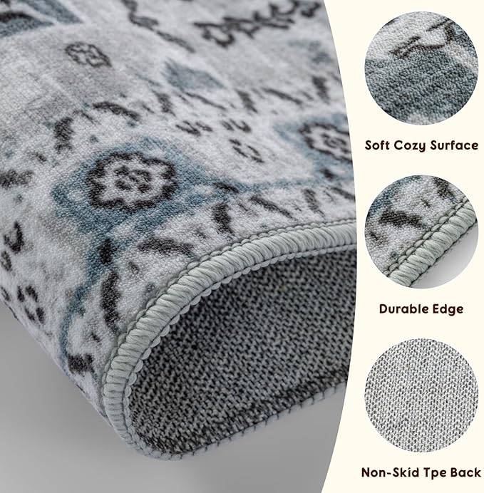 LBRO2M Boho Area Rug 5X7 Washable Rugs for Bedroom Low Piles Indoor Carpet, Non Slip Soft Rug for Living Room, Dining Room, Rug Foldable Pet Friendly Area Rugs Stain Resistant (5'X7' Dusty Blue)