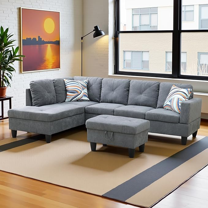 L Shaped Couch Modern Sectional Couch Upholstered Flannelette Fabric 3 Pieces Sofas for Living Room with Chaise, Storage Ottoman for Office and Small Apartment, Dark Grey