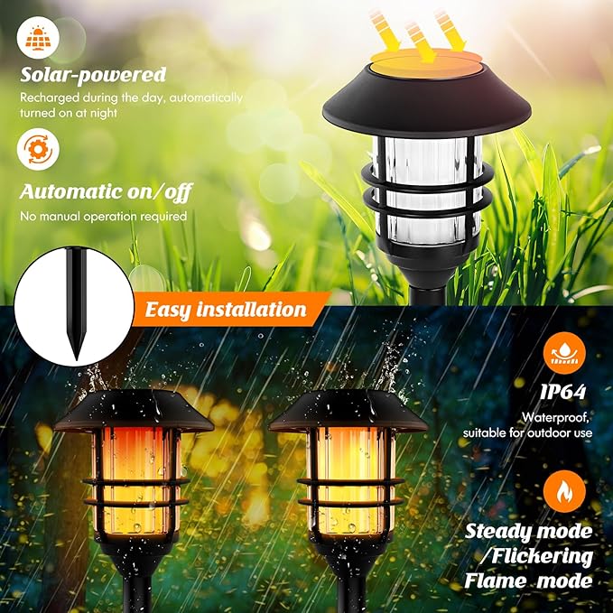 ZOOHAR Solar Outdoor Lights,Extra-Tall Solar Torches with Flickering Flame 2-Pack Waterproof Garden Lights,Stainless Steel Pathway Lighting Garden Decor, Yard Decorations Outdoor Auto On/Off