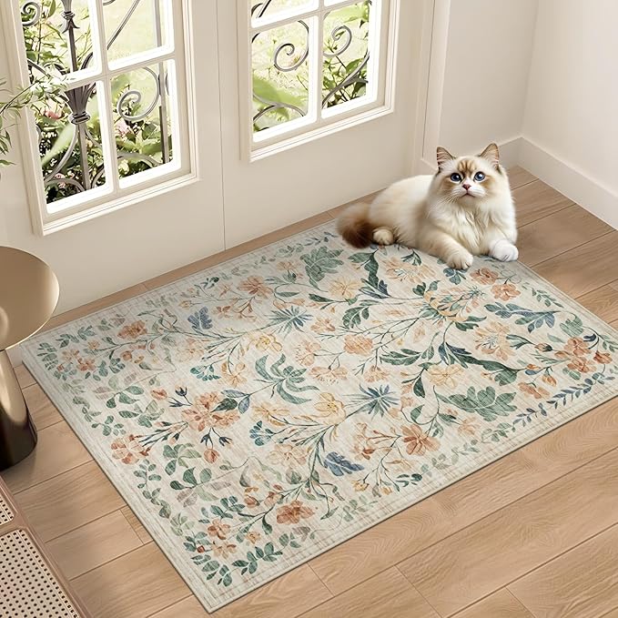 Machine Washable Area Rugs 2x3: Small Entryway Rug Soft Non-Slip Thin Carpet Floral Indoor Door Mat Floor Neutral Carpets for Entrance Bedroom Kitchen Laundry Bathroom Beige