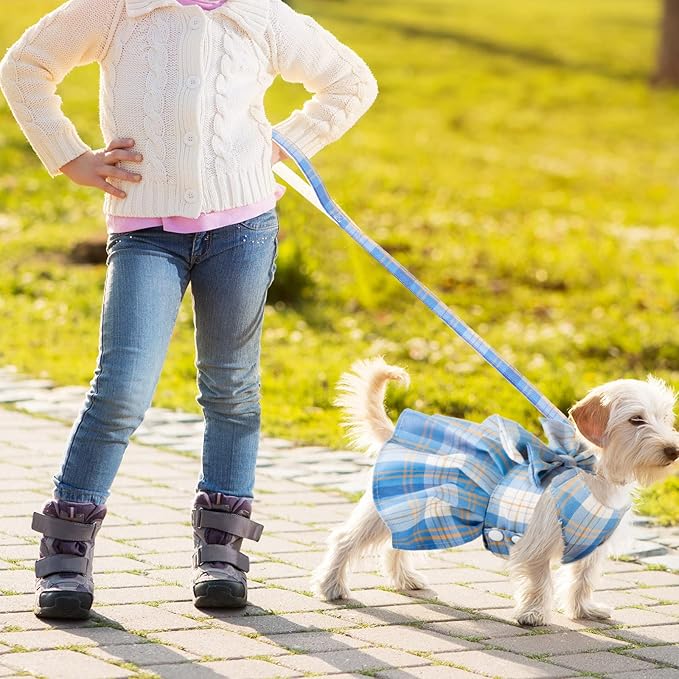 4 Pcs Cute Plaid Dog Dress Set with Bow Tie Harness & Leash for Small Dogs, Puppy Clothes for Girls Outfits(M,Dark Color)