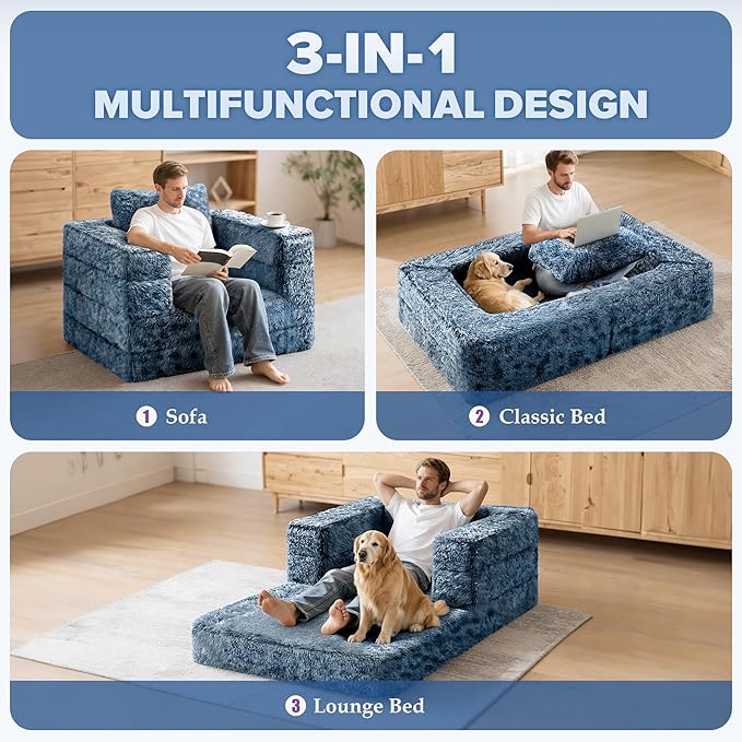 HABUTWAY Convertible Sofa Bed,3-in-1 Folding Futon Sofa Bed with Pillow, Foldable Sleeper Sofa Bed with Removable Cover,Plush Boneless Floor Chair Couch Lounge for Living Room,(Twin,Blue)