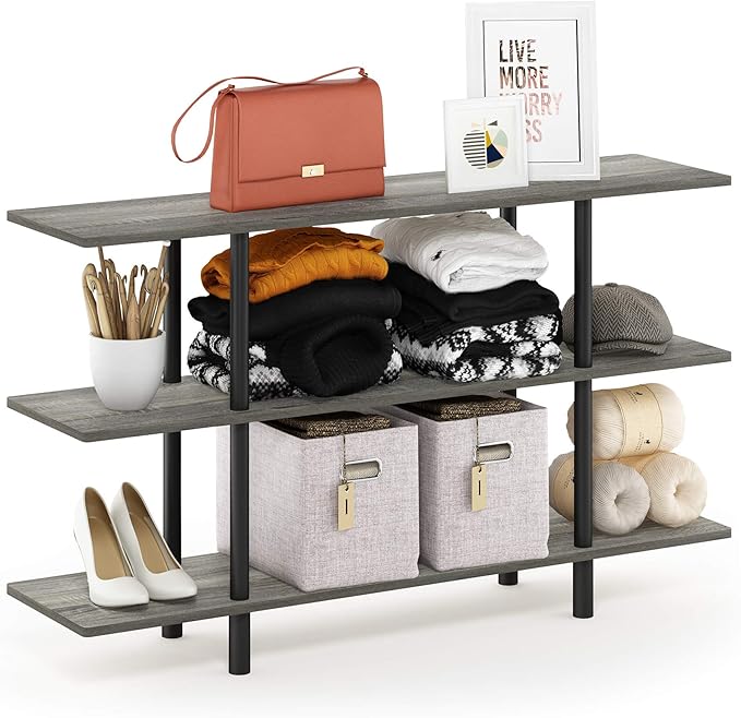 Furinno Turn-N-Tube 3-Tier Wide Display Shelf, French Oak Grey/Black