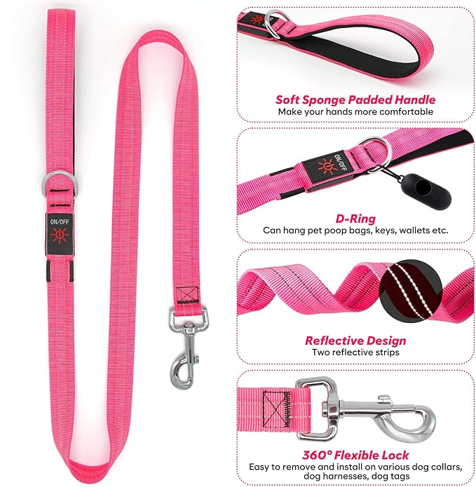 4 Ft Led Dog Leash, Rechargeable Light Up Dog Leash Waterproof, Safety Glow in The Dark Dog Leash for Night Walking, Nylon Reflective Leashes with Padded Handle for Small Medium Large Pets