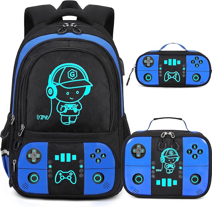 Bevalsa Backpack for School Boys, Cool Luminous Gamer Boys Backpack with Lunch Box & Pencil Pouch Set for Kids Children Teens Elementary Middle Schools, Schoolbag Bookbag Glow In The Dark (Blue)