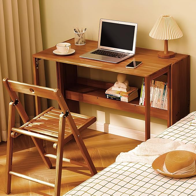 Bamboo Folding Desk Mid Century Modern Desk for Home Office Bedroom Small Spaces, Brown，40.55" Long Desktop