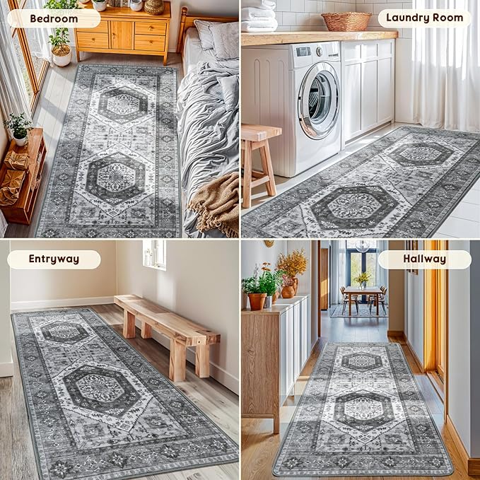 LBRO2M Boho Washable Runner Rug 2'6“X8’ Washable Hallway Runner Rugs Dark Gray Non Slip Low Piles Rugs, Soft, Area Rug Runners for Hallways, Bedroom, Kitchen Laundry Room (2'6"X8', Deep Gray)