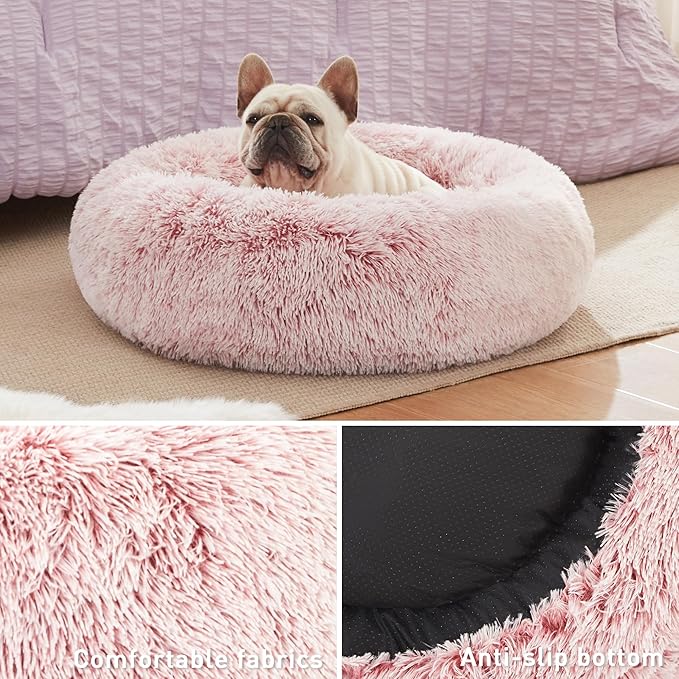 Love's cabin Calming Cat Bed for Indoor Cats, Anti-Anxiety Donut Round Dog Bed, Fluffy Faux Fur Washable Pet Bed for Small Medium Dogs and Cats,Pink,20in
