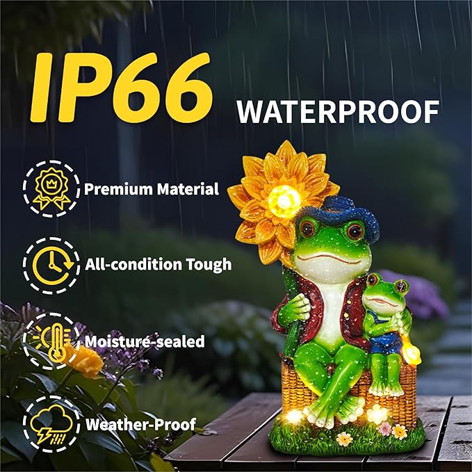 Outdoor Frog Garden Decor: 9'' Yard Decoration with Sunflower Light Funny Solar Frog Gifts for Women Mother's Day Housewarming Gift