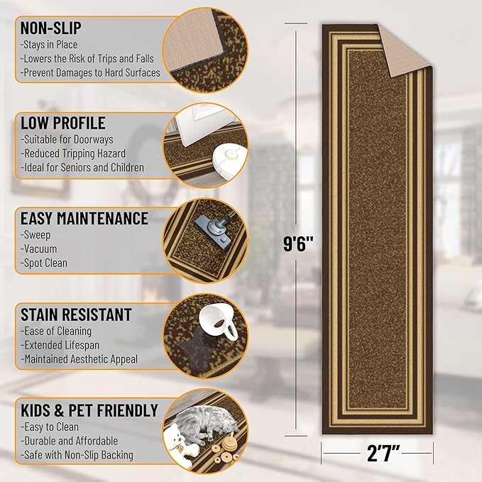 Ottomanson Hallway Runner Rug 2'7" x 9'6" Non Slip Border Area Rugs Easy to Clean Laundry Rug Runner Durable & Pet Friendly Floor Carpet Runners for Hallways Entryway Living Room Kitchen, Brown
