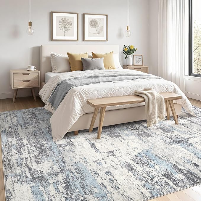 Area Rugs for Living Room: 6x9 Abstract Washable Rug Modern Neutral Large Soft Stain Resistant Non-Slip Backing Machine Table for Bedroom Dining Room Indoor Home Office Carpet - Blue Grey