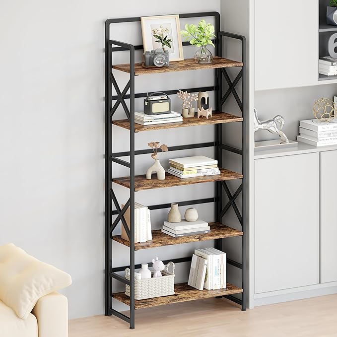 No Assembly Folding Bookshelf, 5 Tiers Vintage Wood Collapsible Book Shelf for Storage,Industrial Metal Foldable Bookcase Organizer for Living Room Bedroom Home Office (Rustic Brown)