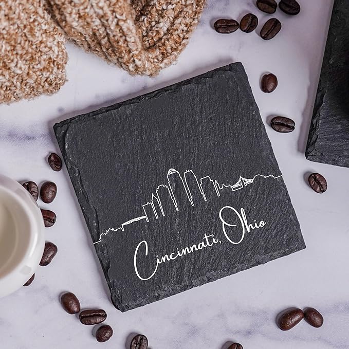 Blue Ridge Mountain Gifts - Cincinnati OH Skyline Coasters, Set of 4 - Cincinnati Ohio Souvenir, Slate Coasters with Minimalist Skyline, Housewarming Gift for Friends, Family, & Neighbors