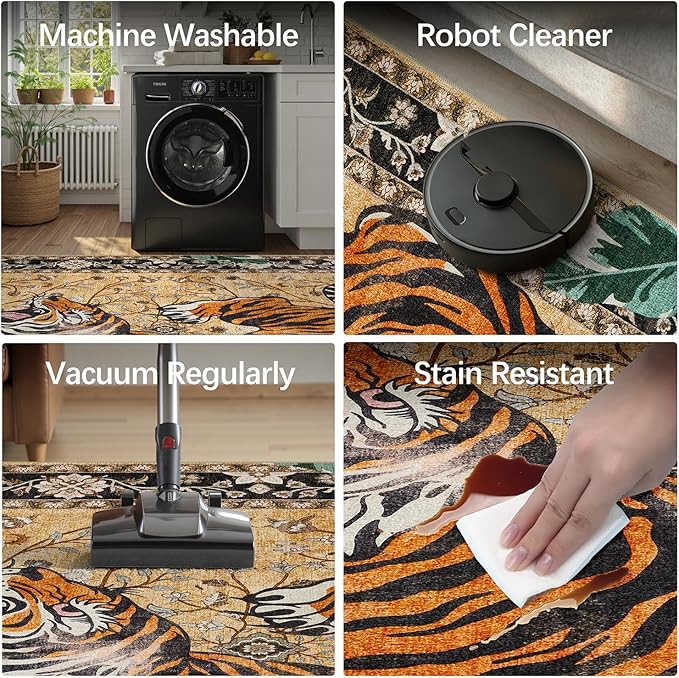 DCX Washable 5x7 Tiger Area Rug, Brown Vintage Animal Rug for Living Room, Soft Low Pile Carpet, Kid & Pet Friendly with Rubber Back Non Slip, Stain Resistant Rug for Bedroom Dining Room Office