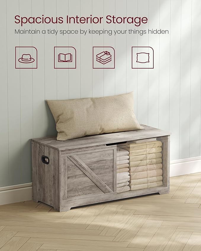 VASAGLE Storage Chest, Storage Trunk with 2 Safety Hinges, Storage Bench, Shoe Bench, Farmhouse Style, 15.7 x 39.4 x 18.1 Inches, for Entryway, Bedroom, Living Room, Heather Greige ULSB060K03