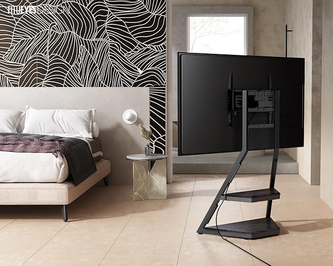 FITUEYES Design Corner TV Stand for 32 43 50 55 65 Inch TVs, Small Spaces Floor TV Stand Rolling TV Cart for LCD/LED Flat Curved Screens, Modern Living Room Television Stands, Eiffel Series, Black