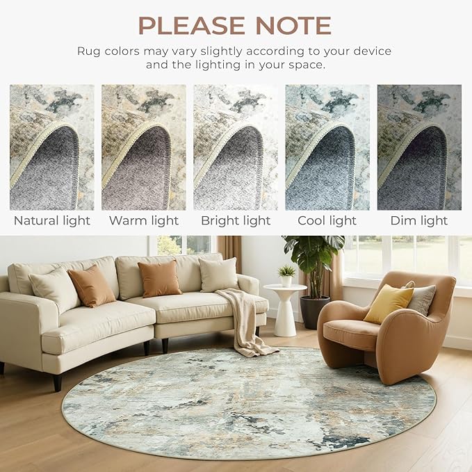 Abstract Round Rugs 6ft, Non-Slip Washable Circle Rug for Living Room, Stain Resistant Neutral Indoor Soft Floor Carpet for Bedroom Nursery, Brown/Grey