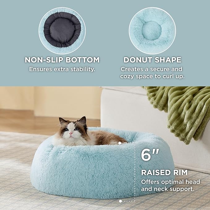 Bedsure Calming Cat Beds for Indoor Cats - Small Cat Bed Washable 20 inches, Anti-Slip Round Fluffy Plush Faux Fur Pet Bed, Fits up to 15 lbs Pets, Aqua Blue