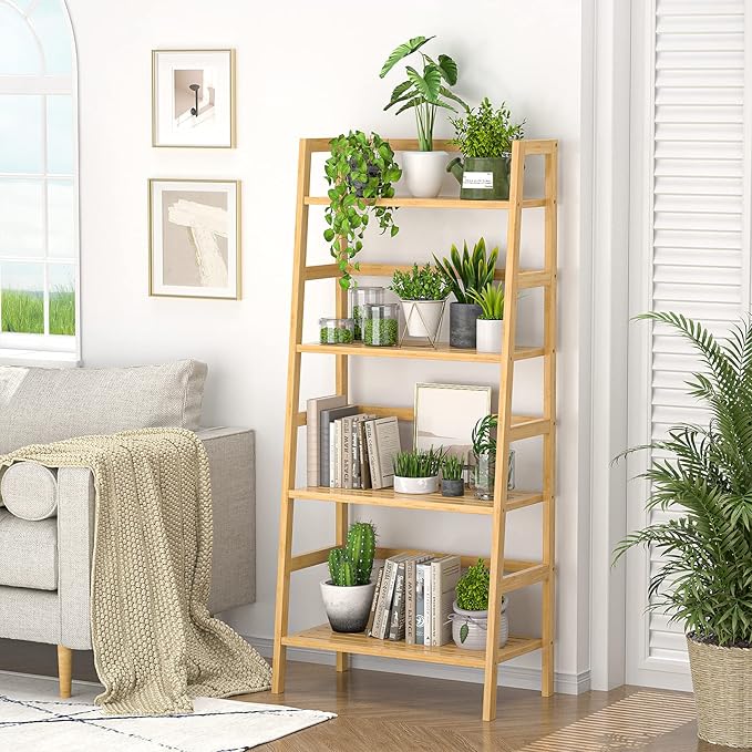 Homykic Bamboo Bookshelf 4-Tier Ladder Shelf, 49.2” Freestanding Open Bookcase Book Shelf Bathroom Storage Shelf Unit Plant Stand for Small Space, Bedroom, Living Room, Home Office, Natural