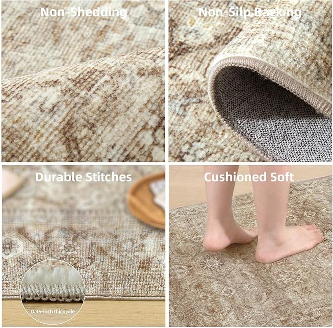 Washable Living Room Area Rugs: 6'x9' Large Rug Stain Resistant Distressed Vintage Boho Carpet Non Slip Low Pile Faux Wool Soft Rug for Kitchen Dining Room Nursery Kids Playroom Farmhouse Bedroom