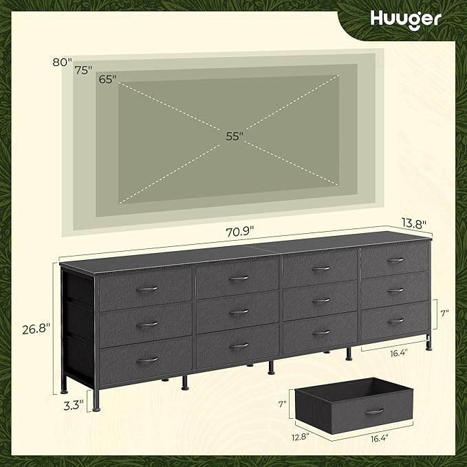 Huuger 70 Inch Black Dresser for Bedroom, TV Stand for 65, 75, 80 Inch TV, 12 Fabric Drawer Long Dresser, Wide Chest of Drawer, Storage Units for Living Room