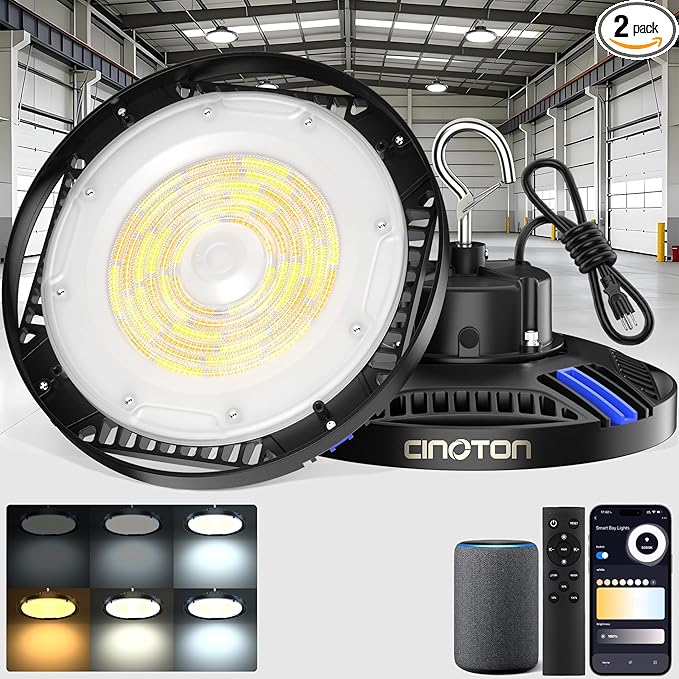 CINOTON Smart UFO LED High Bay Light 150W 21000lm, 2700K-6500K 1-100% Brightness Stepless Dimm Aluminum Shop Lights, ETL Listed Lighting for Garage Stadium, APP/Alexa/Remote Control, 120-277V, 2 Pack